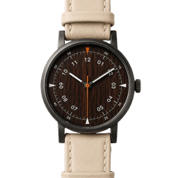 Bone & Bark watch — Matte black case · Cream leather strap