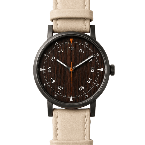 Bone & Bark watch — Matte black case · Cream leather strap