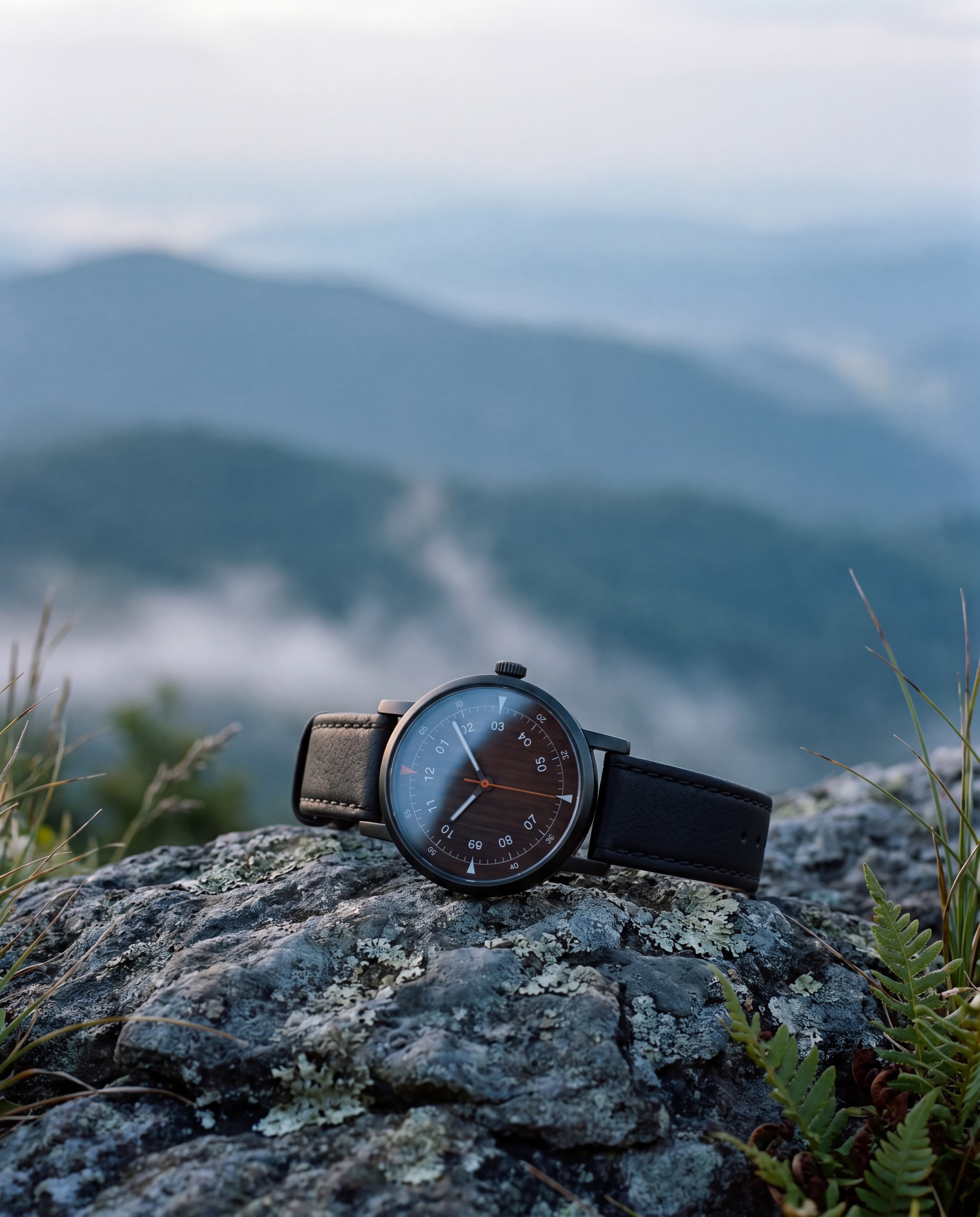 The Ridge watch resting on weathered grey stone at the summit of the Roan Highlands, Appalachian Mountains